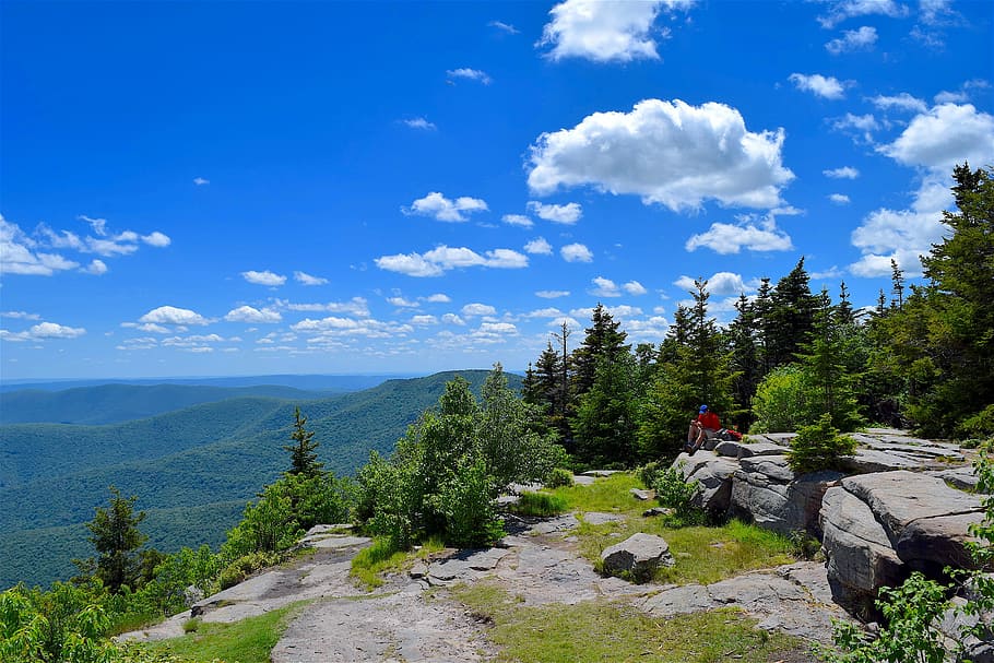 mountain, sky, blue, sunshine, nature, landscape, summer, green HD wallpaper