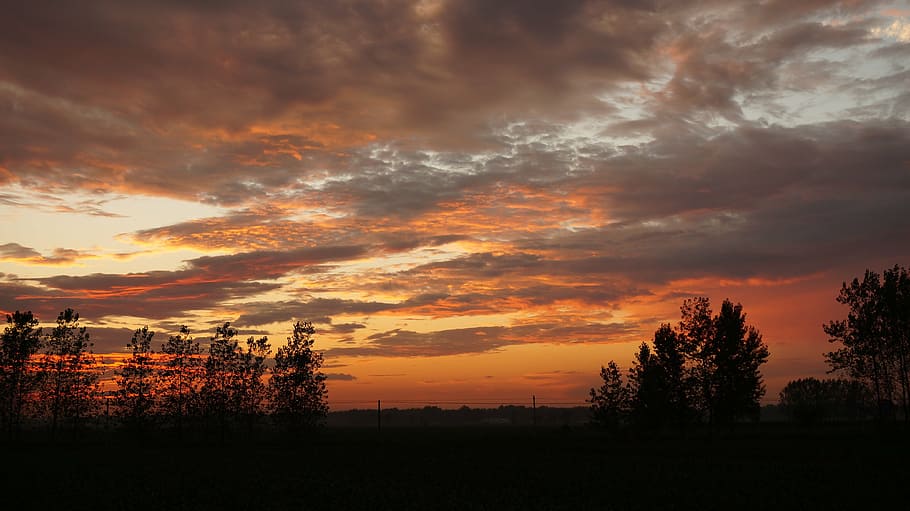 sunset, burning clouds, country, landscape, sky, orange clouds HD wallpaper