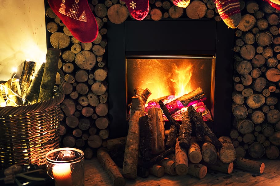 brown and gray wooden framed fireplace surrounded with fire woods, HD wallpaper