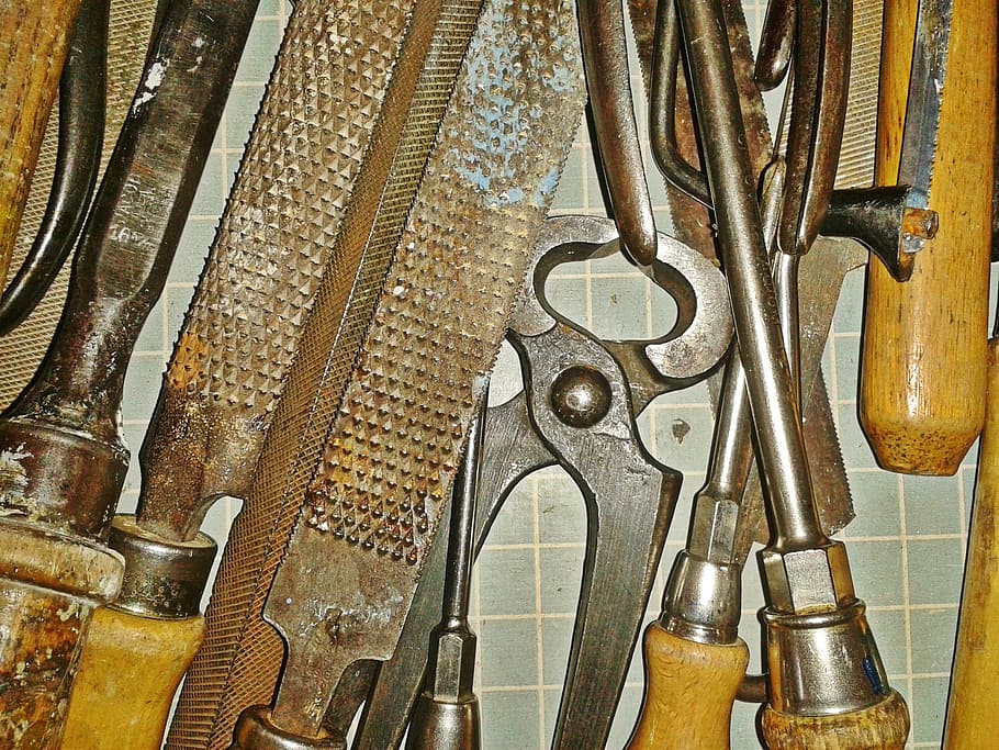 mechanical tool kit on tile surface, tool box, pliers, files HD wallpaper
