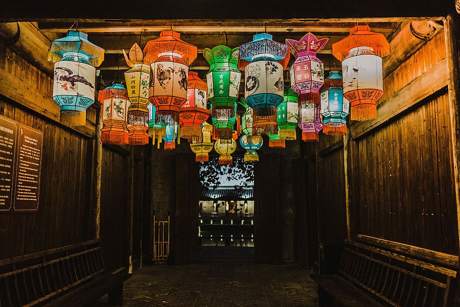 photo of assorted-color Chinese lanterns inside room, lighted lantern on ceiling, HD wallpaper