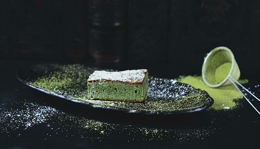 Cake dessert, dark, green, plate, sweet, slice, close-up, food, HD wallpaper