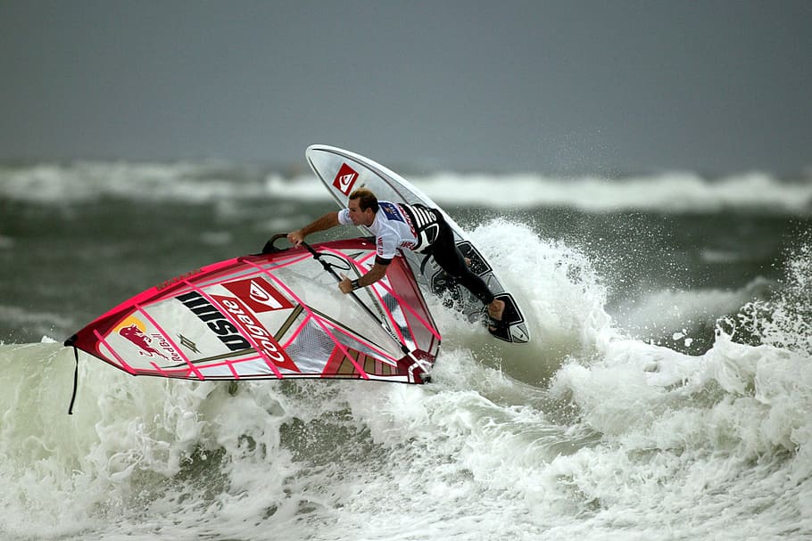 man windsurfing, wind surfing, surfer, windsport, sail, wind power, HD wallpaper