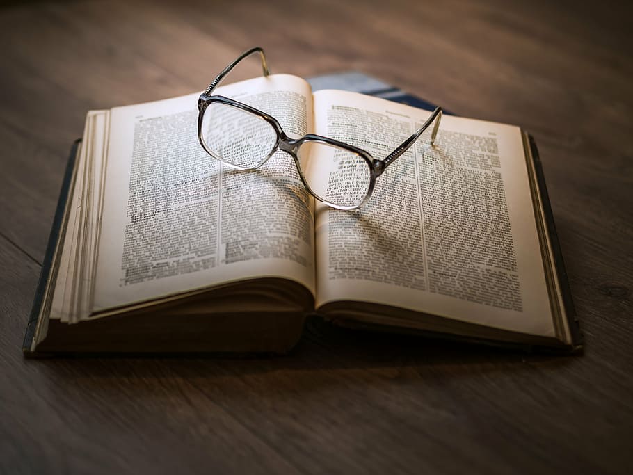 eyeglasses on top of opened book, knowledge, library, textbook, HD wallpaper