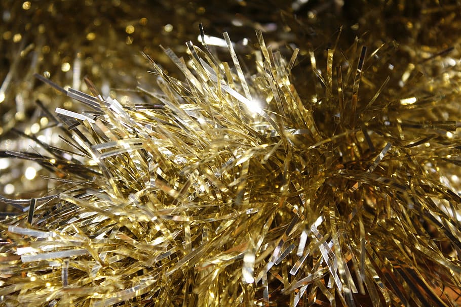 gold garland, tinsel, shiny, texture, spiky, sparkling, glitter HD wallpaper