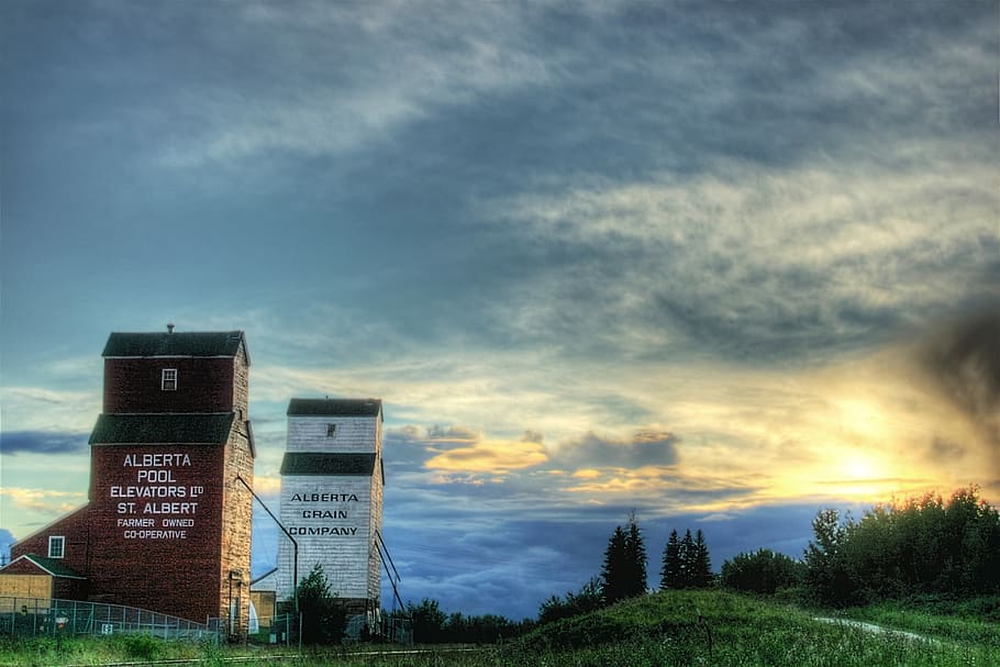 alberta, canada, grain elevators, sky, clouds, sunset, scenic HD wallpaper