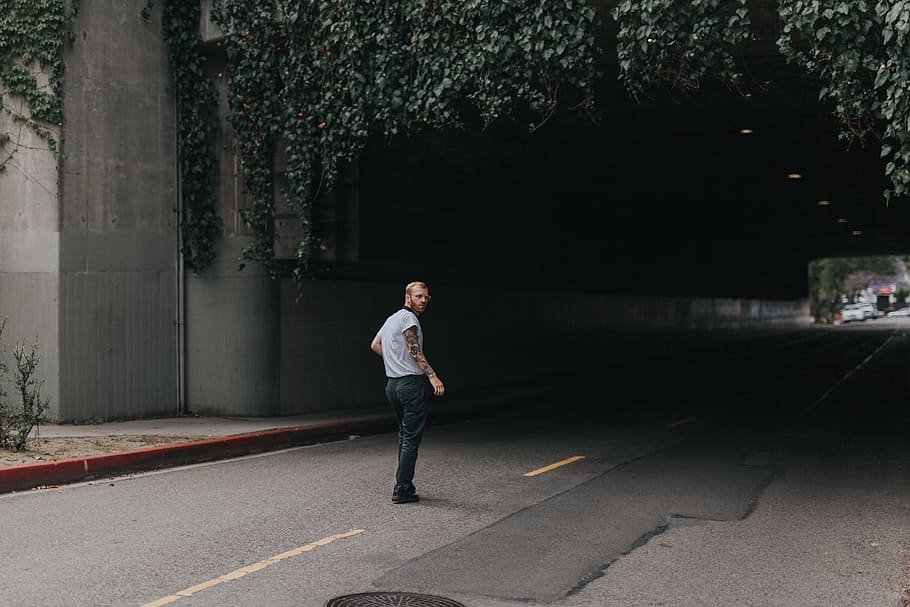 people, man, walking, alone, road, dark, tunnel, vine, plants HD wallpaper
