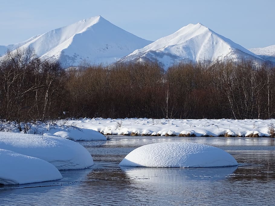 winter, river, mountains, forest, reflection, snow, leann, cold HD wallpaper