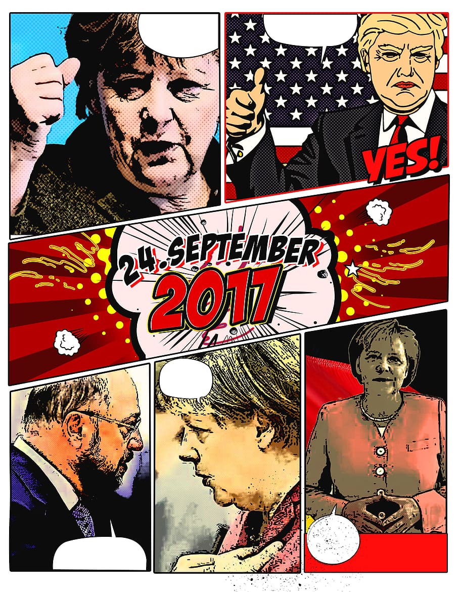 Hilary Clinton comic collage poster, bundestagswahl, 2017, policy, HD wallpaper