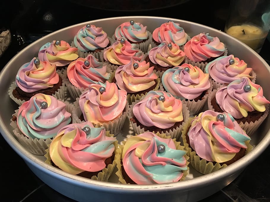 cupcake, frosting, rainbow, unicorn, dessert, food, sweet, baked, HD wallpaper