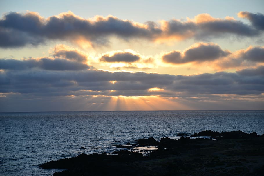 white clouds during daytime, sunset, sunbeams, see, horizon HD wallpaper