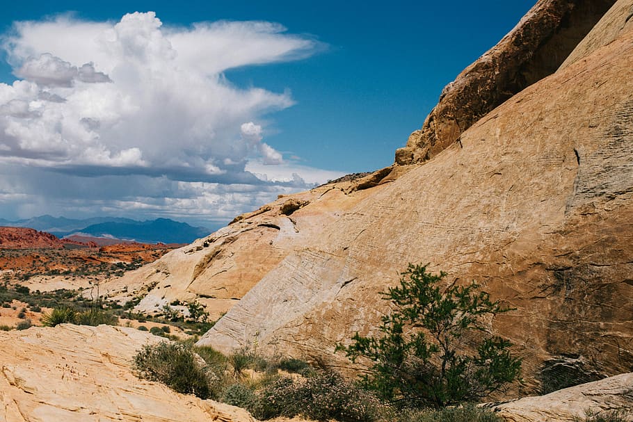 mountains near body of water, brown mountain with plants, rock HD wallpaper