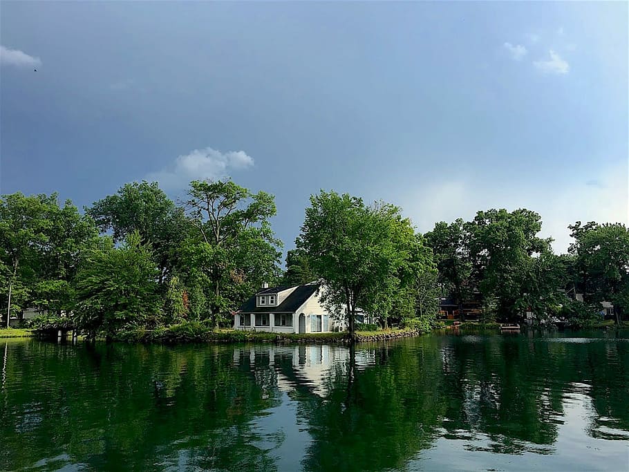 house, lake, trees, reflection, water, nature, landscape, rocks HD wallpaper