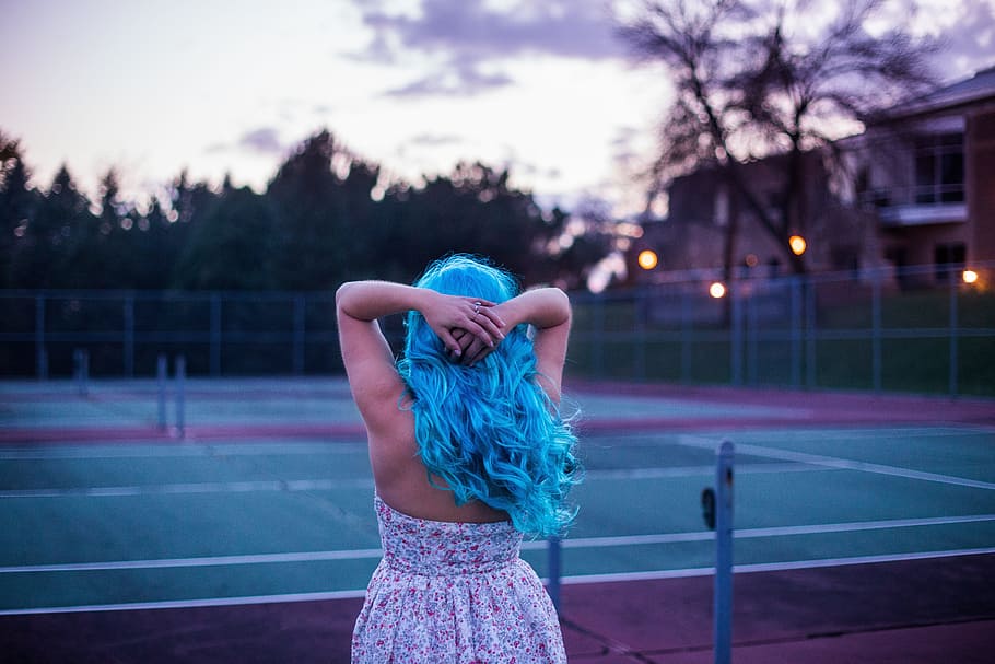 people, blue, hair, girl, tennis, court, tree, house, light, HD wallpaper