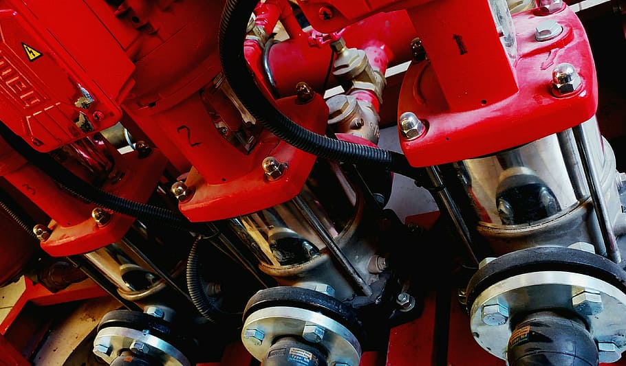 pumps, machine, engine, pressure, equipment, industry, red HD wallpaper