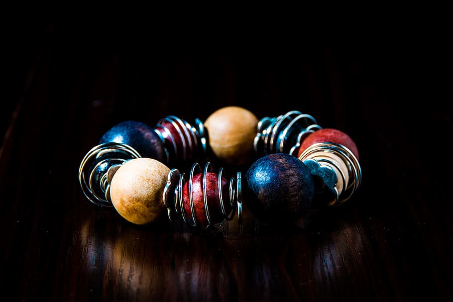 Blue, Red, Beige, and Silver Beaded Bracelet, art, beads, blur HD wallpaper