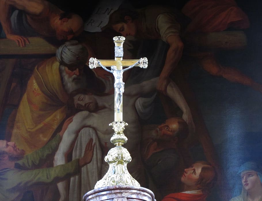 crucifix under Jesus Christ painting, france, st michel, church
