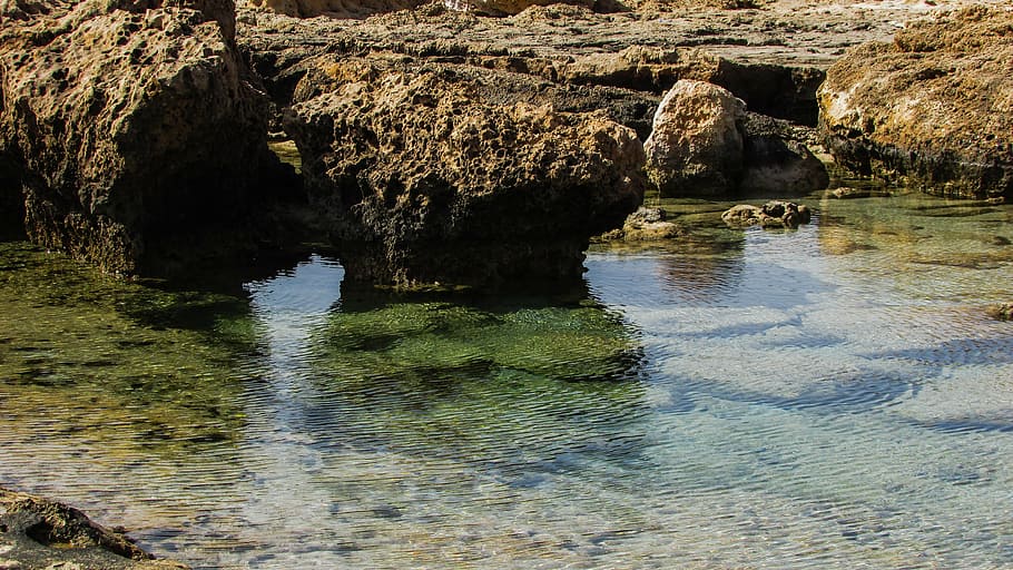 rock formations, beach, sea, reflections, coast, nature, ayia napa HD wallpaper
