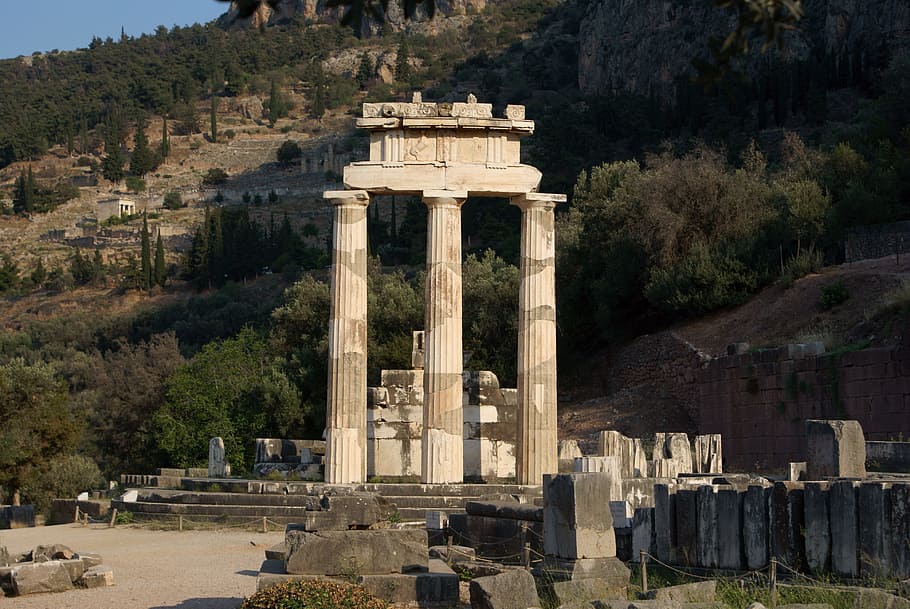 white stone ruins during day, Delphi, Greece, Ancient, Athena HD wallpaper