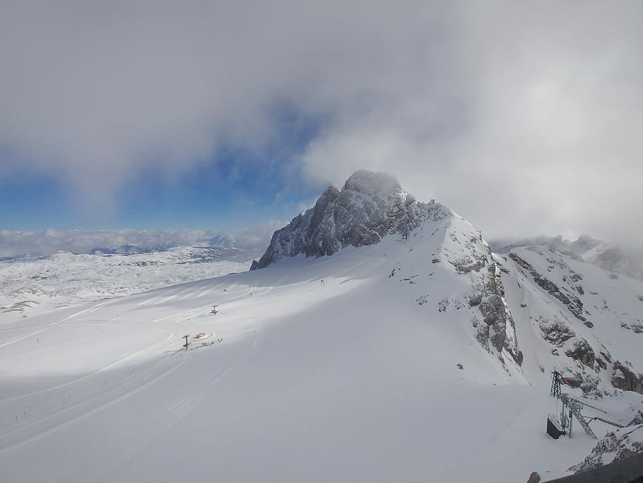 photo of snow covered mountain under cloudy sky, winter, landscape HD wallpaper