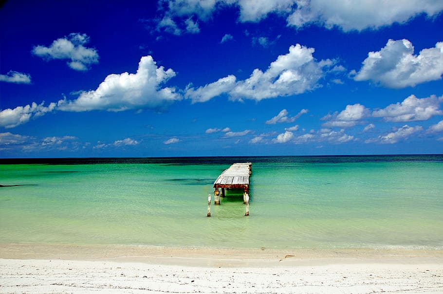 holiday, sun, beach, lonely, blue, clouds, travel, summer, sea HD wallpaper