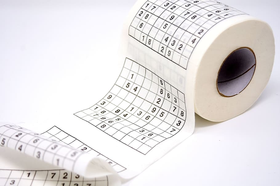 white and black Sudoku-printed tissue paper, toilet paper, pastime
