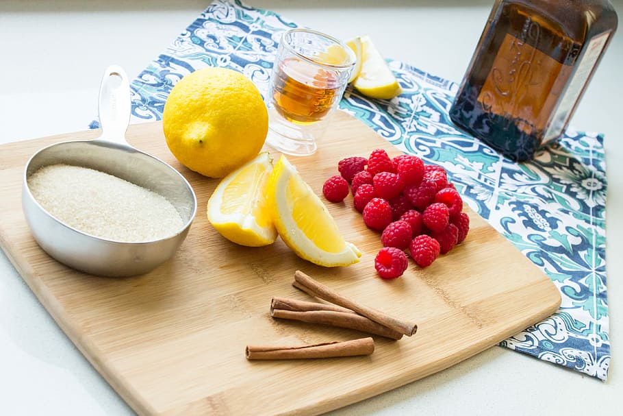 jam ingredients, sugar, lemon, raspberries, cinammon and liquor HD wallpaper