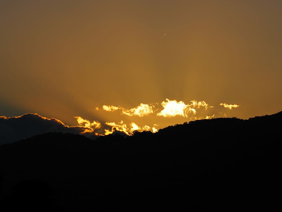 photo of sunset, silhouette of mountain under sunrise, skyline HD wallpaper