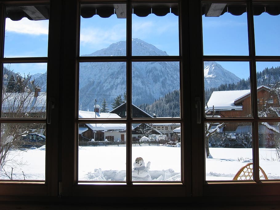 snow-covered houses on road, view, allgäu, breitenberg, mountains, HD wallpaper