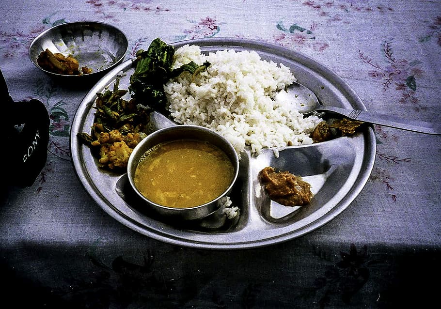 Dal bhat, a typical traditional food in Kathmandu, Nepal, photos