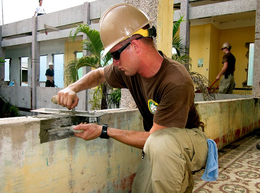man constructing building, construction, cement, work, labor HD wallpaper