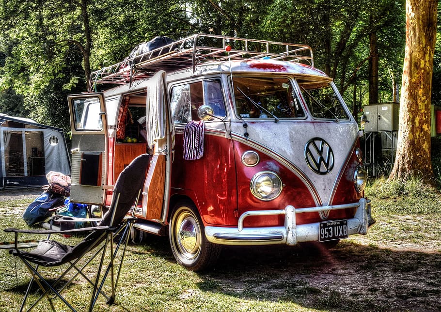red and white Volkswagen Kombi parked in middle of forest, Camping