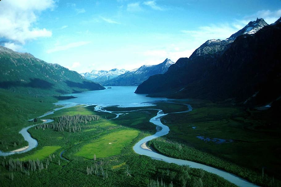 Aerial View of Crescent lake at Lake Clark National Park, Alaska HD wallpaper