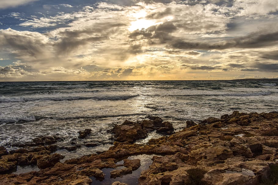 photo of rock formation on seashore, sky, clouds, nature, landscape HD wallpaper