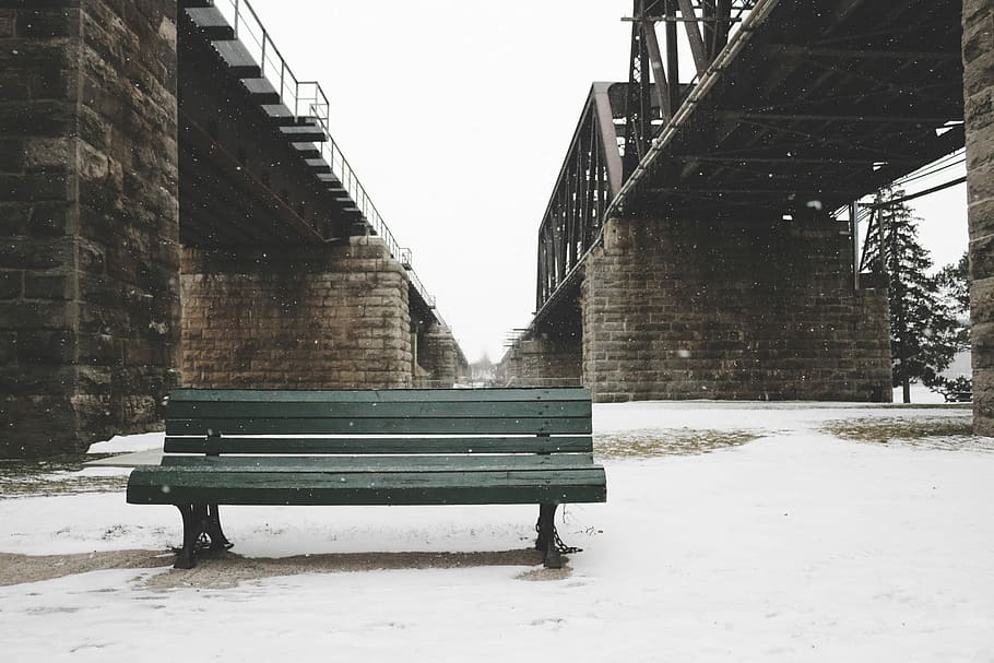 Bench in snow, green bench during winter, bridge, cold, park bench HD wallpaper