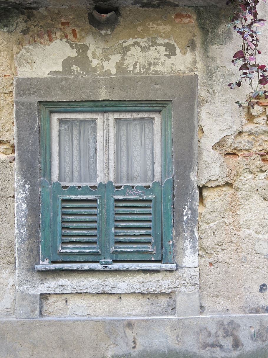window, green, curtain, decay, charm, vintage, lisbon, masonry HD wallpaper