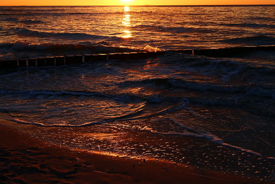 sunset, waters, panorama, dusk, background, beach, sea, land HD wallpaper