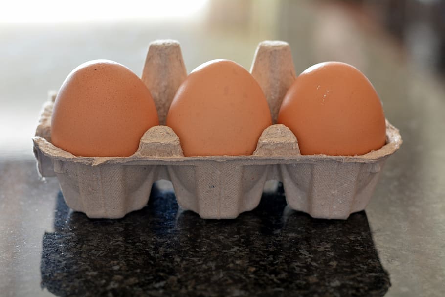 egg container, three eggs, food, healthy, food and drink, egg carton HD wallpaper
