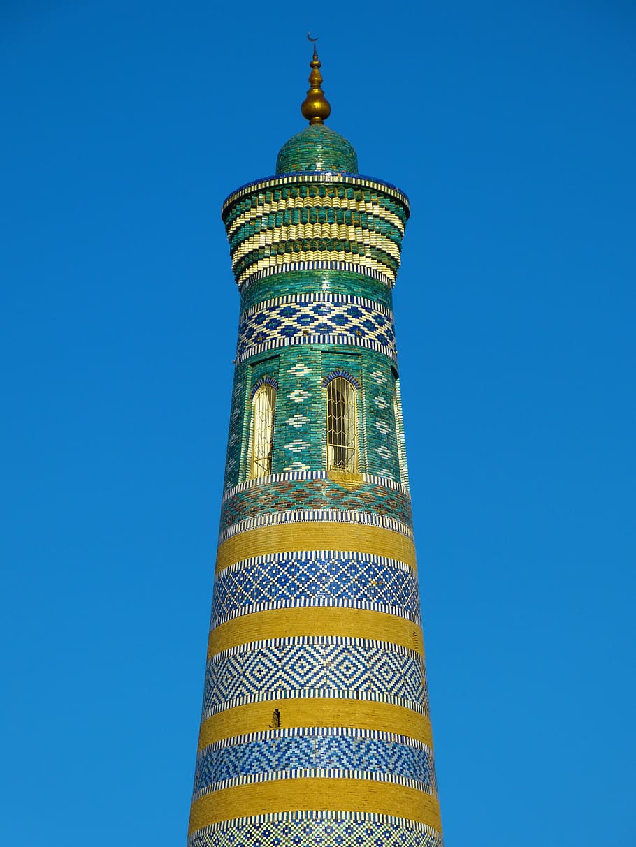 green and yellow high-rise building, khiva, kihva, minaret, chodja islam minaret, HD wallpaper