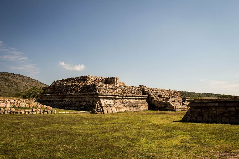 pyramid, guanajuato, grass, prehispanic, sky, clouds, sun, history HD wallpaper