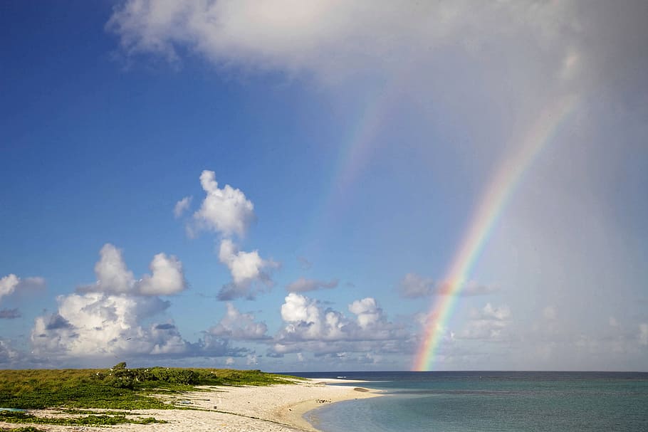rainbow and white clouds photo, beach, scenic, summer, sea HD wallpaper