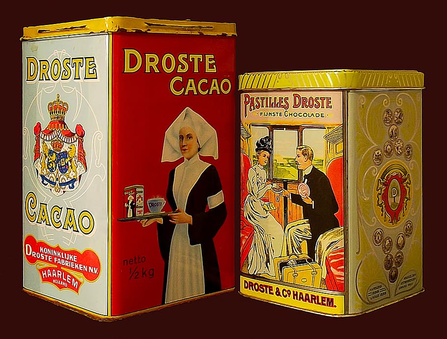 tin box, jar, droste, cocoa, lozenges, brown, background, human representation HD wallpaper