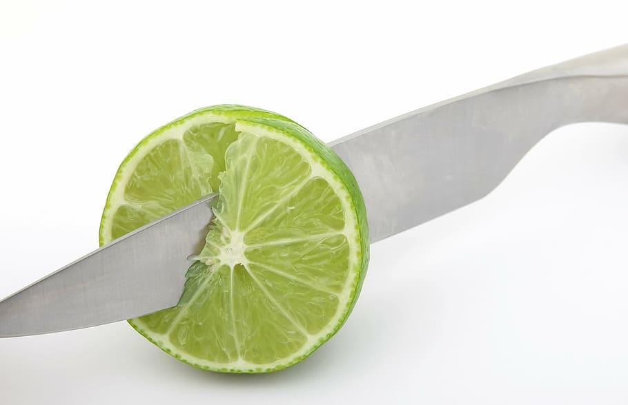 sliced lime with gray knife, background, bitter, breakfast, bright, HD wallpaper