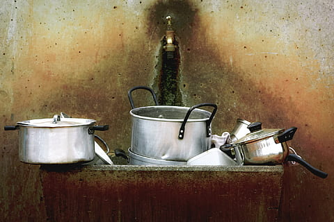 silver stock pots on sink, dirty, dishes, kitchenware, cooking HD wallpaper