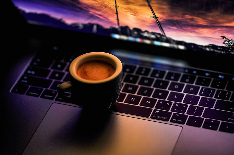 black ceramic coffee mug on MacBook Pro, mug on MacBook Pro, drink, HD wallpaper