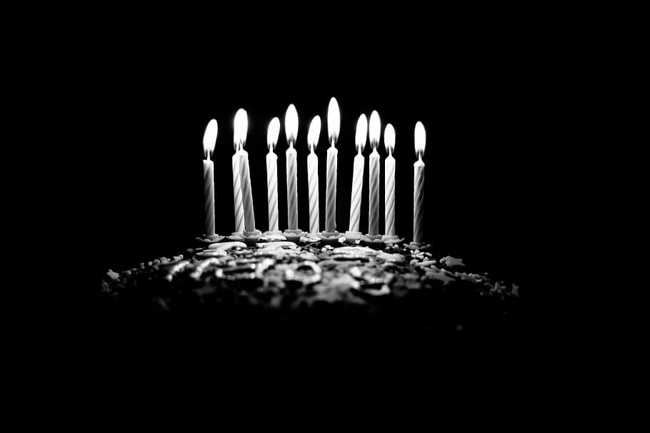 grayscale photo of candles, greyscale, top, cake, dark, birthday