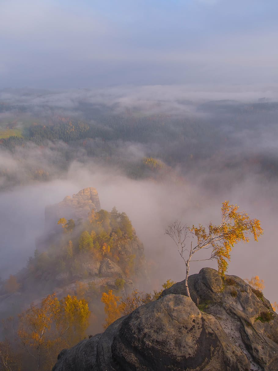 mountains, wintry, autumn, landscape, hiking, clouds, saxon switzerland HD wallpaper
