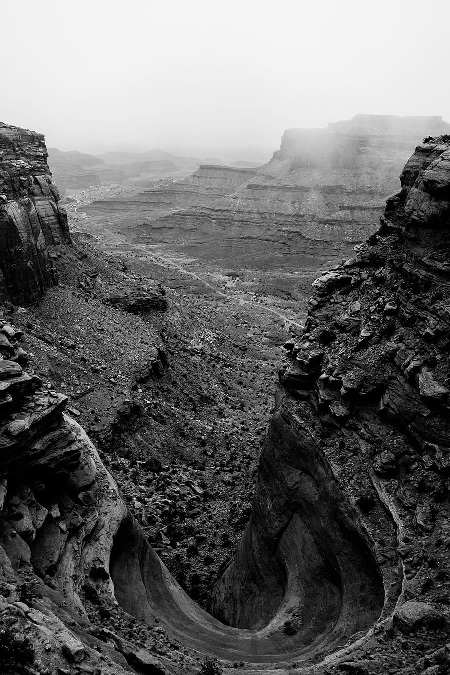 grayscale photography of rock mountain, clouds, canyon, rocks HD wallpaper