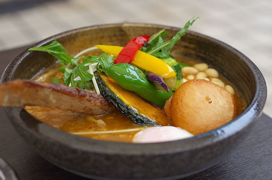 cooked food in bowl, Soup, Curry, Vegetables, Samurai, soup curry HD wallpaper