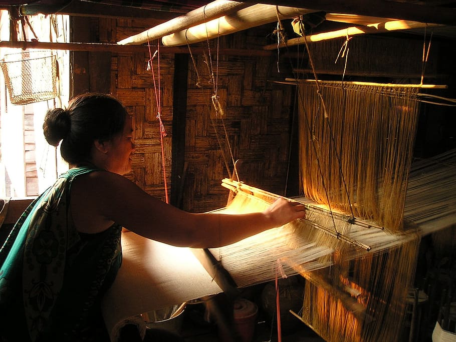 woman looming fabric, laos, weave, hand labor, work, southeast
